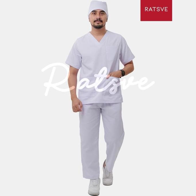 Baju Jaga Perawat / Setelan Baju OK Medis Lengan Pendek / Scrub Dokter Ratsve - Warna Putih