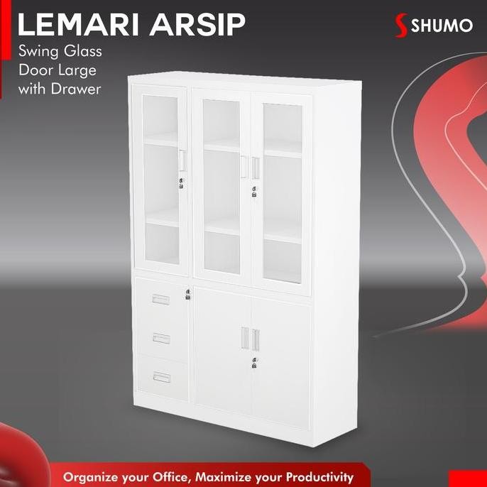 

HOT SALE SHUMO Super White Lemari Arsip Besi 3 Pintu Kaca Laci 3 | Filling Cabinet Kantor