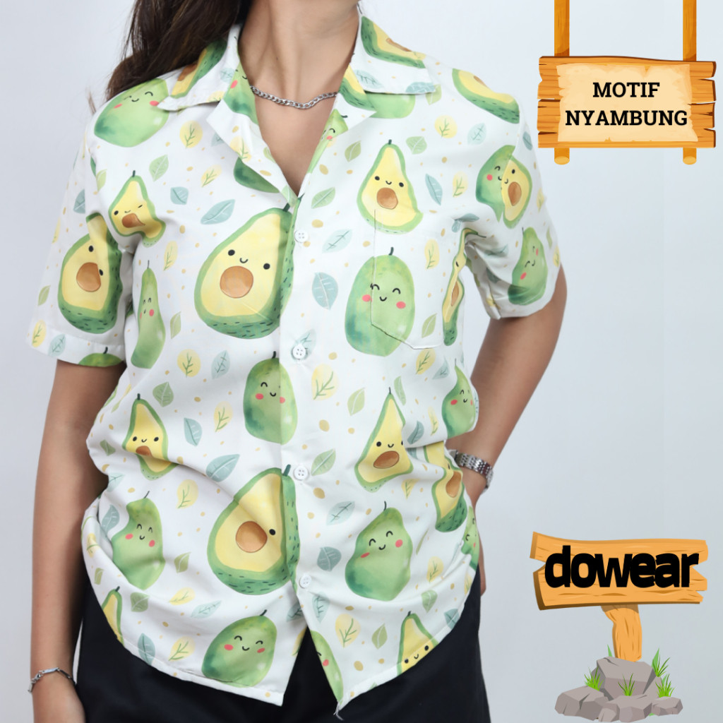 Dowear Baju Kemeja Santai Jumbo Pria Wanita Gambar printing Hawaiian Lengan Pendek ALPUKAT HAPPY 178