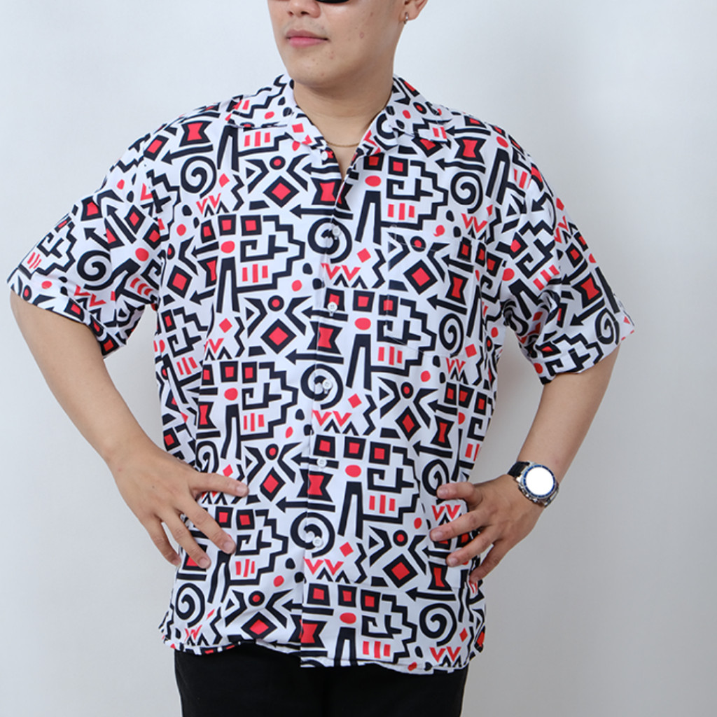 GOKS Baju Kemeja Motif Cewe Cowo Printing Oversize Pria Wanita Outdoor Dowear ABSTRAK PUTIH 003