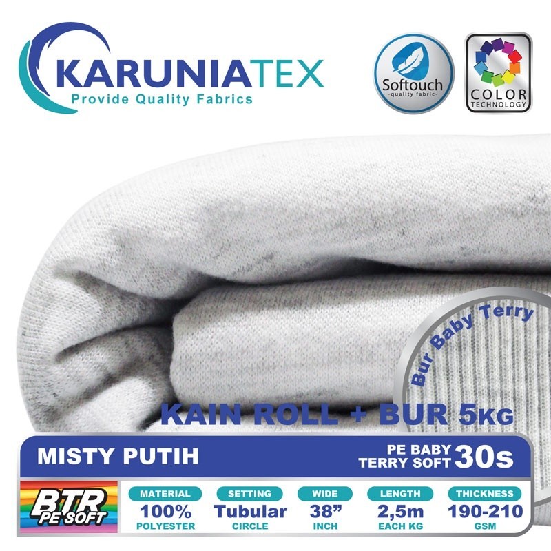 Kain Baby Terry PE Soft 30s Roll + Bur 5KG | Misty Putih | Karunia Textile