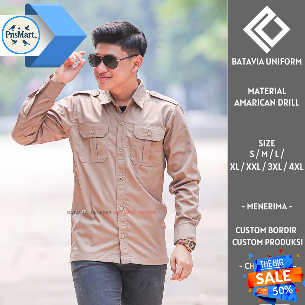 BAJU PDL PRIA LENGAN PANJANG - KEMEJA SERAGAM KERJA DINAS LAPANGAN PDL PDH KHAKI BAHAN AMERICAN DRIL