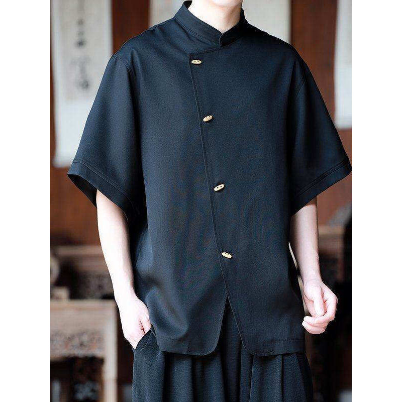 Kemeja Pria Gaya Cina Kerah Diagonal Kancing Modifikasi/Pakaian Tradisional Tiongkok/Hanfu