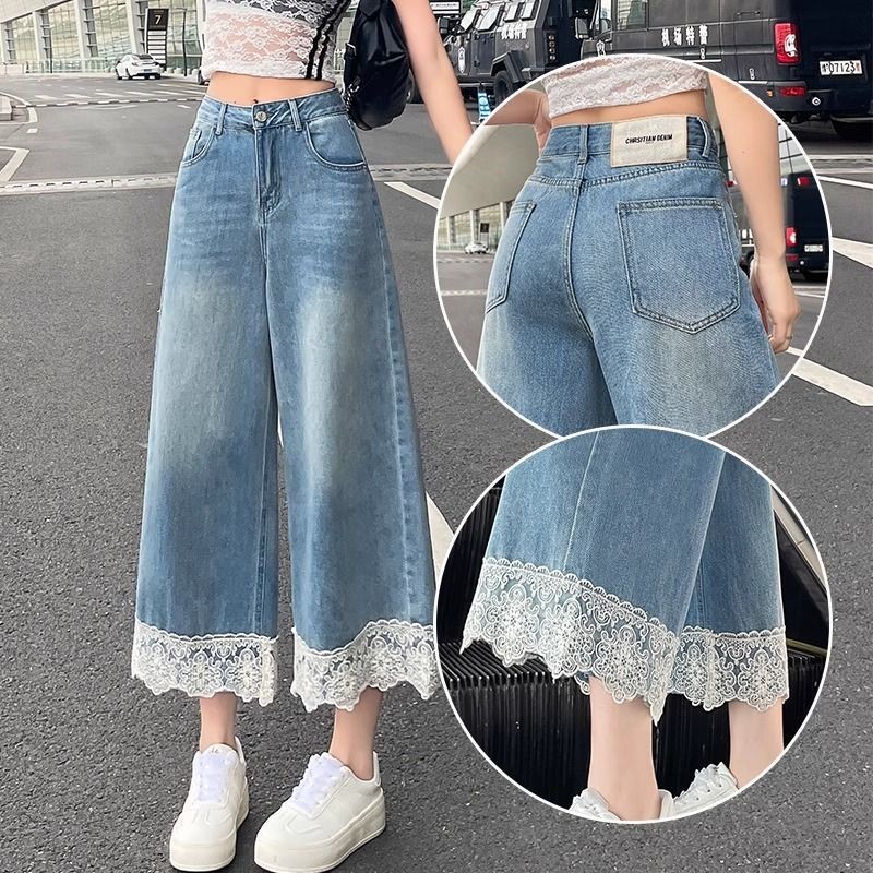[Saror]Jeans Kaki Lebar Renda untuk Wanita, Celana Lurus Pendek