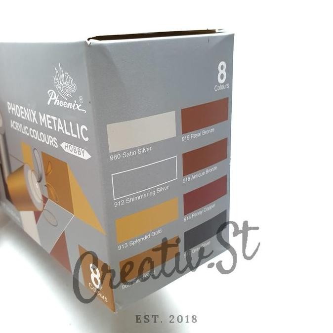 

Eksclusiv !!! Phoenix Cat Akrilik Warna Metallic Acrylic Paint Color Cat Akrilik 8 Color X 60 Ml