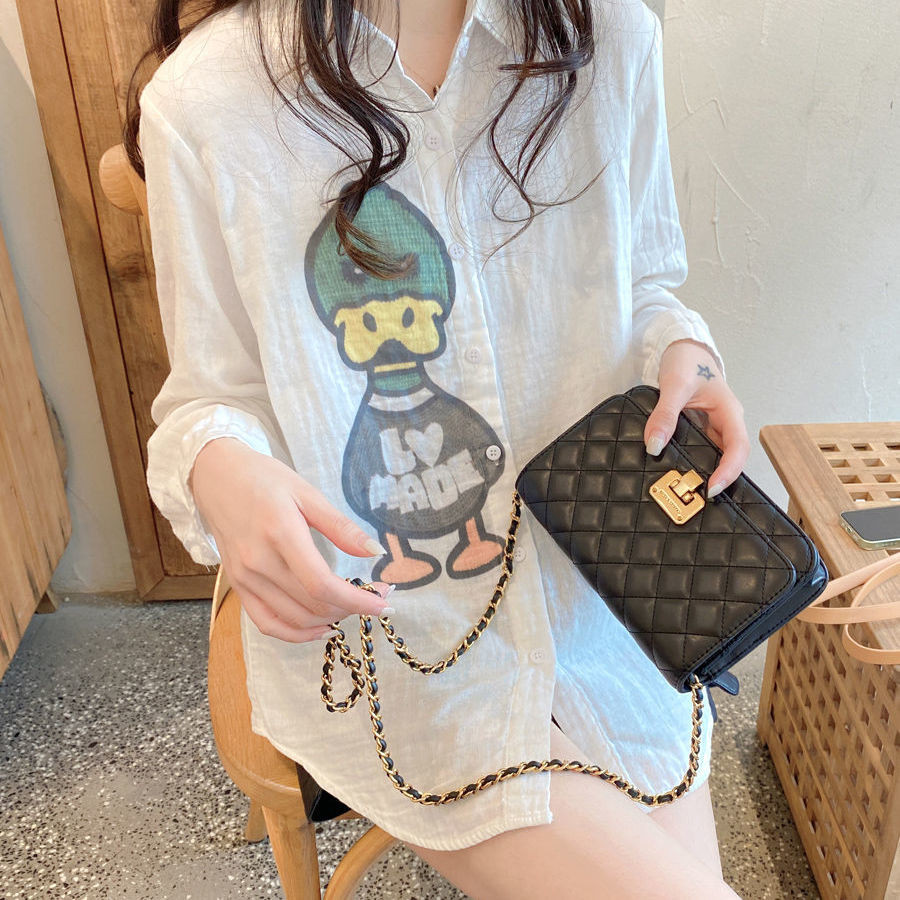 [Saror]Kemeja Putih untuk Wanita Kartun Bebek Kemeja Lengan Panjang Katun Linen untuk Wanita