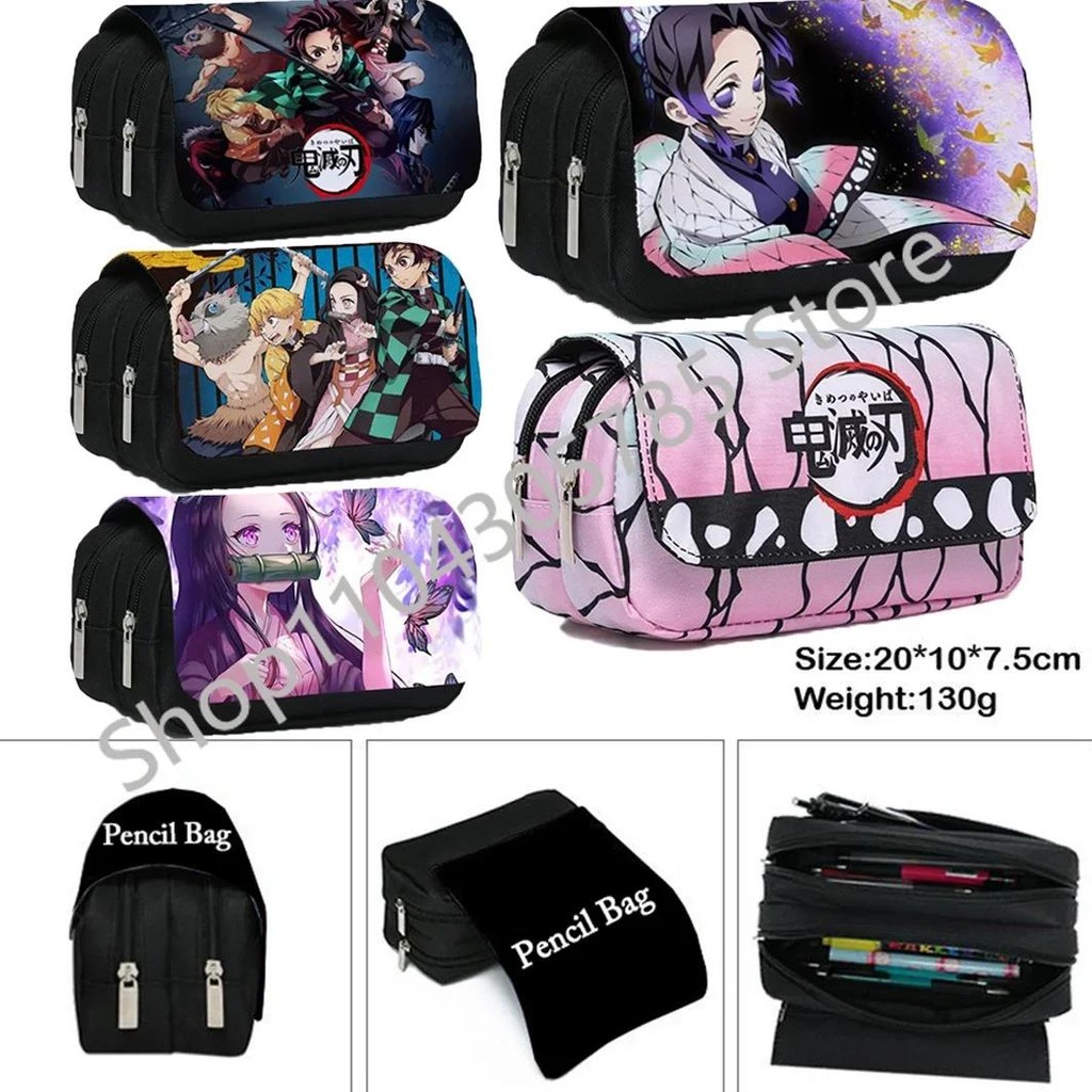 

Demon Slayer Pencil Bag Anime Tanjirou Zenitsu Giyuu Nezuko Double-Layer Storage Bag Cute Student Cartoon Pen Case Gifts For Kid
