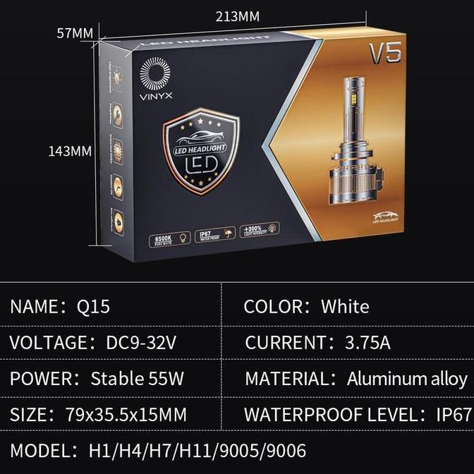 Lampu Utama Mobil LED Vinyx V5 H1 H3 H4 H7 H11 HB3 HB4 55 Watt