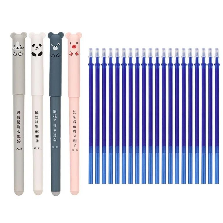 

4+20 Pcs/Set Kawaii Pig Bear Cat Erasable Gel Pen Refills Rods 0.35Mm Blue Black Ink Washable Handle School Office Supplies Gift