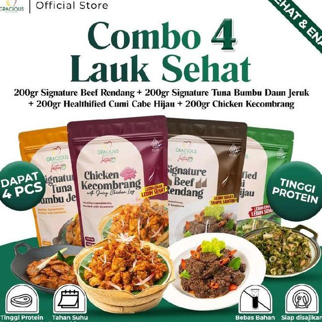 

Combo 4 Lauk Sehat Beef Rendang Tuna Bumbu Daun Jeruk Healthified Cumi Cabe Hijau Chien Kecombrang