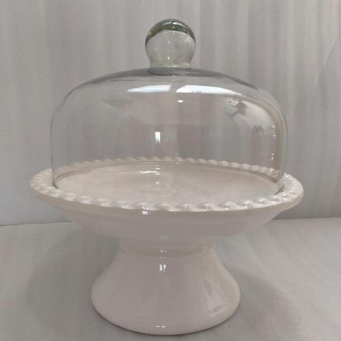 TERLARIS - ceramic cake stand with glass cover tempat kue tutup kaca besar