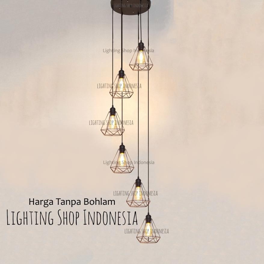 Lampu gantung void tangga 6in1 gold hitam minimalis 6 lampu model diamond