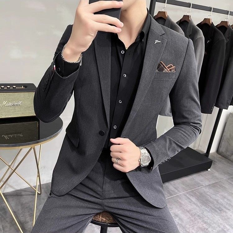 Jaket Jas Pria Slim Fit Gaya Korea Kasual Tahan Kerut Set Dua Bagian