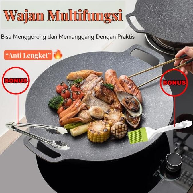 PPLUS Alat Wajan Panggangan Grill Pan Korea Datar Anti Lengket Ukuran 34cm Korea Marble Non Stick Mu