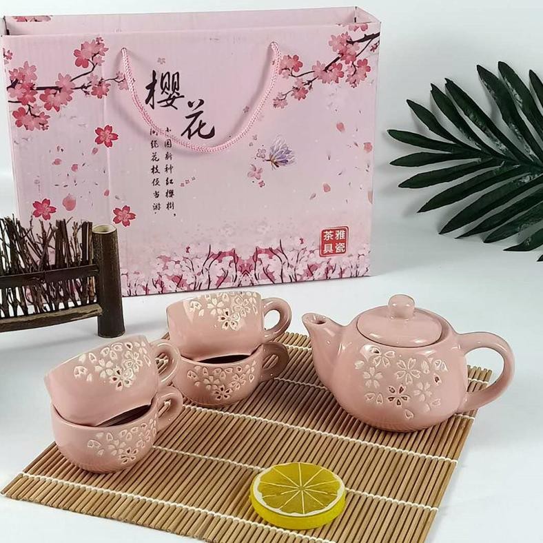 Terlaris Cangkir Teko Pot Set Keramik Mewah Hampers Gelas Kopi Unik Aesthetic SAKURA Teko Teh China 