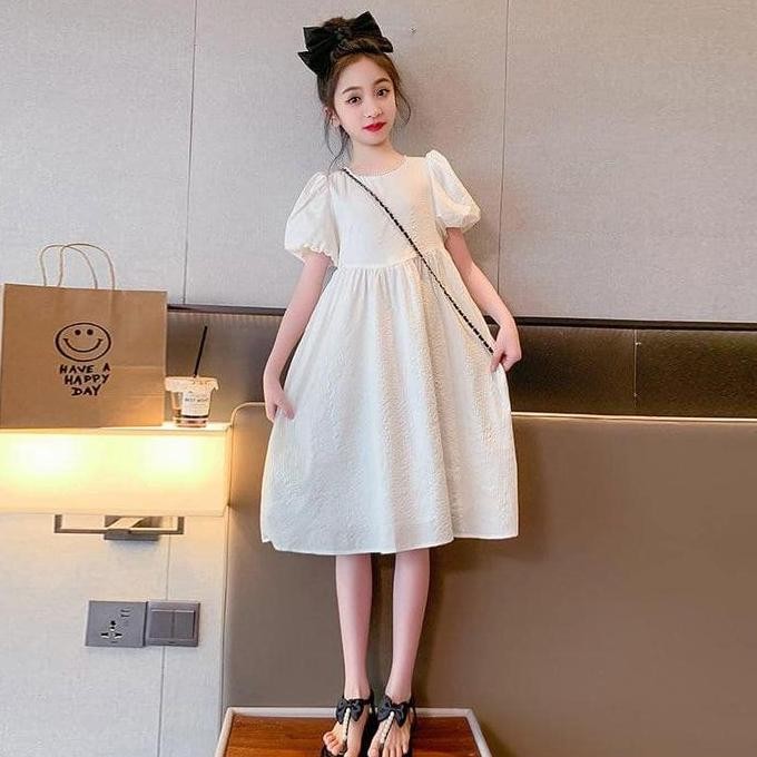 Dress Gaun Putih Polos Anak Remaja Perempuan Impor 4-15Tahun Terlaris
