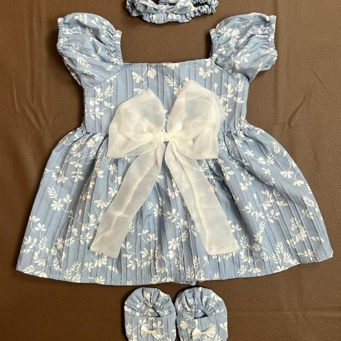 Tersedia 0-8bulan baju bayi perempuan dress isyana bunga katun pita organza