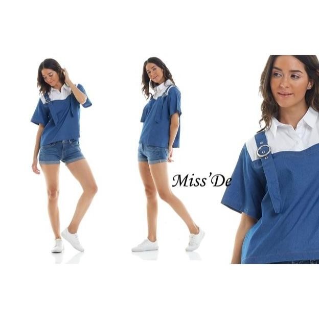 Grosir Blus Miss De  Blus Wanita   Denim Kombinasi Katun Putih