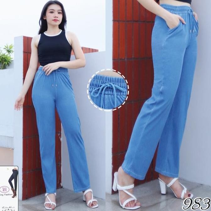 Murah Celana Jeans Pinggang Karet Wanita Import / Celana Denim Panjang / Celana Jeans Wanita