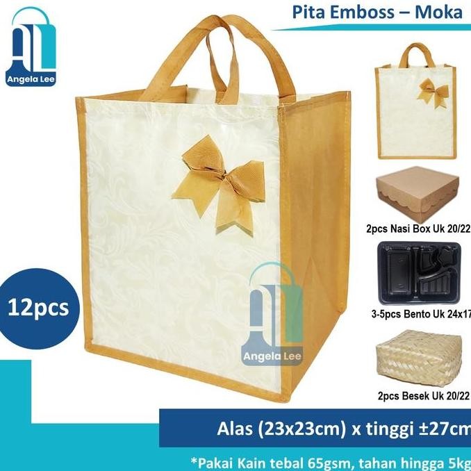 

ready 12pcs Tas Kain Spunbond Pita Emboss Polos muat 2 box nasi kotak Besek 20/22cm Hajatan Syukuran Pesta