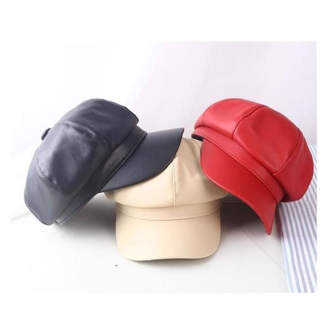 ready Topi Oktagonal Baret Korea Pria Wanita Newsboy Bahan Kulit Asli Garut