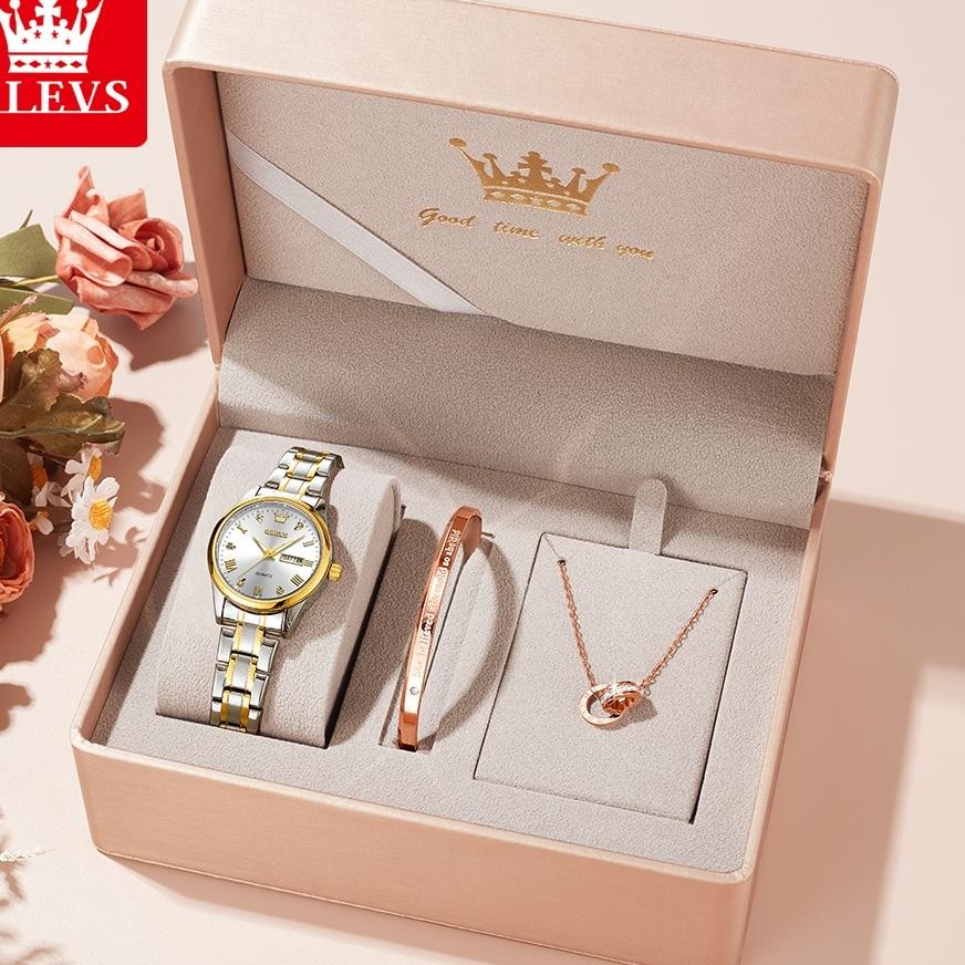Olevs Jam Tangan Wanita Anti Air Anti Karat Set Kalung Gelang Bercahaya Kalender Watch 5563