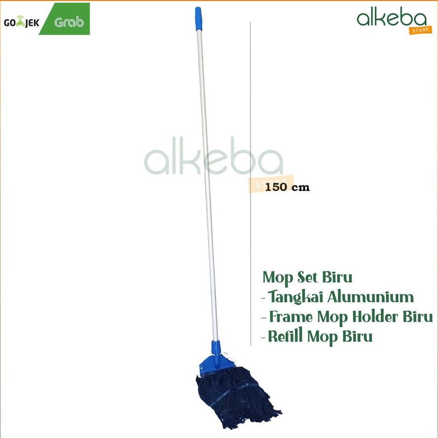 HJK Mop Pel Set Komplit Biru / tongkat + frame + Kain Biru Pel gagang Dorong