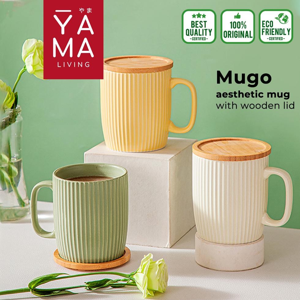 Terlaris YAMA MUGO Striped Mug 400 ml Gelas Kopi Teh Kopi Susu Keramik Penutup Kayu Tatakan Terbaru