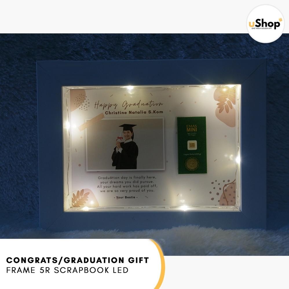 Graduation Congratulation Gift Kado Wisuda Frame 5R Scrapbook LED Logam Mulia Emas Mini AST