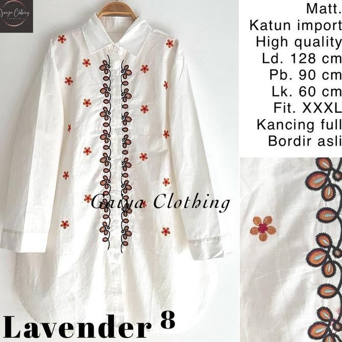 Kemeja Tunik Jumbo Katun Bordir Bunga Wanita White Series Ld. 130 Lavender Jumbo Putih Baju Atasan M