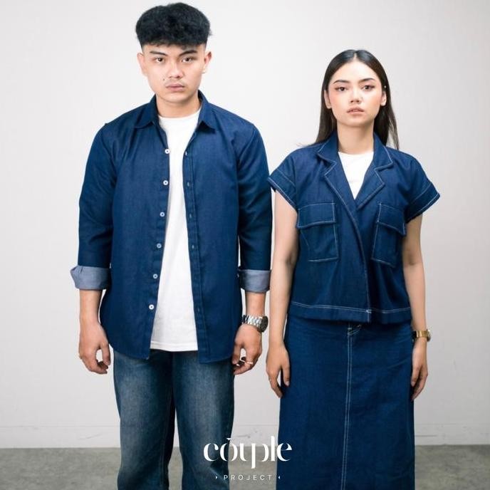 Tersedia Couple Project - Denim Couple Set Baju Pasangan Cewek Cowok Kemeja Panjang dan Vest Denim W