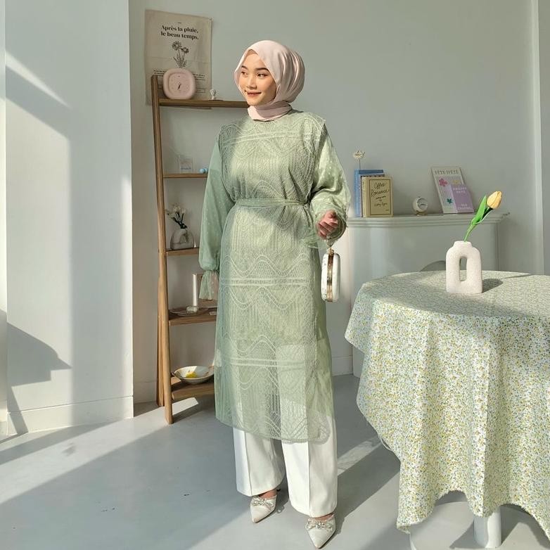 Best Seller Hava Outer Tunik Tile Dot Brukat Elegan Stylish Diskon