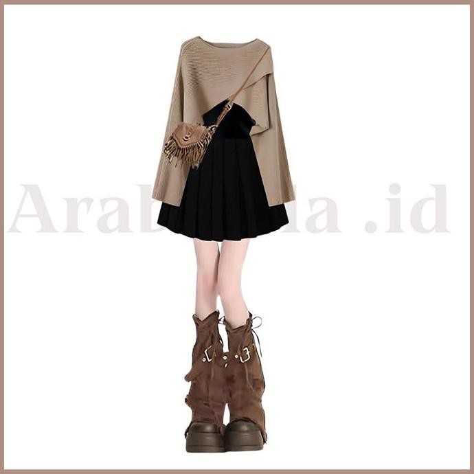 Tersedia Setelan Wanita Eunika / Rok Mini  Katun / baju Sweater Cross Silang / Tanktop Inner / 1 One