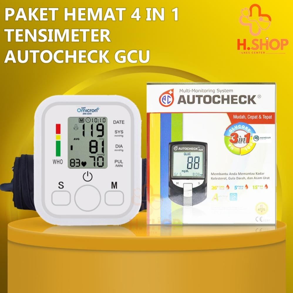 Paket Hemat 4 In 1 Autocheck 3 In 1 Mesin Alat Cek Gula  Darah Kolesterol Asam Urat / Tensimeter Dig