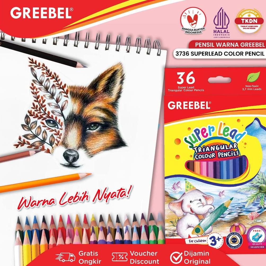 

GREEBEL Pensil Warna / Pensil Warna 36 Warna Panjang / Greebel 3736 Super Lead Triangular AST