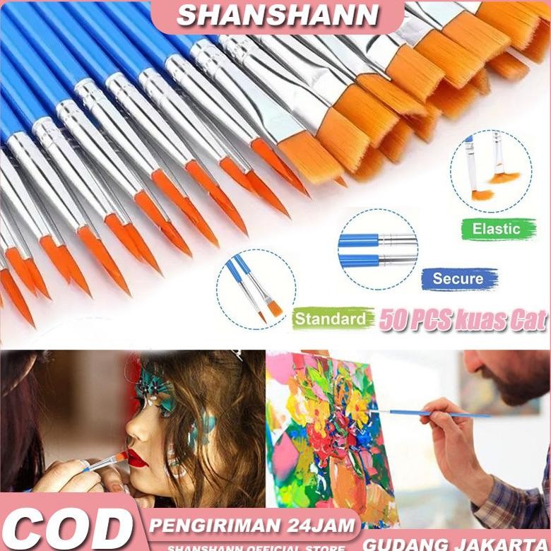 

50pcs/Set Kuas Flat / Round Kuas Lukis Paint By Number Kuas Lukis Sterofoam Kuas Cat Air Koas Acrylic Kuas Nylon Import AST
