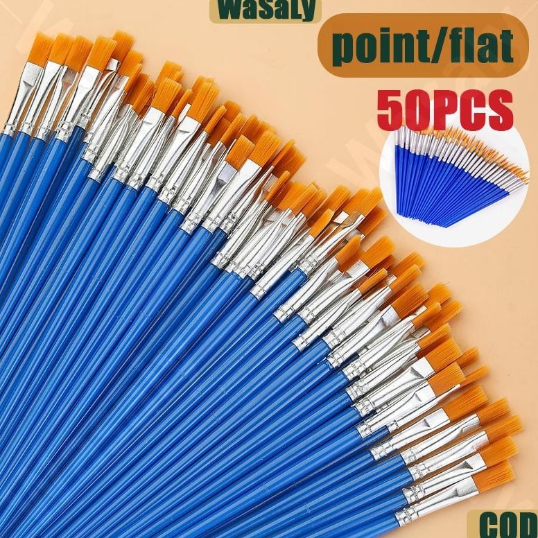 

50pcs Sikat Kuas Lukis Set Paintbrush Akrilik Bulu Nilon Artist Paint Brush Garis Besar Lukisan Cat Minyak Guas Graffiti Cat Air Biru Flat Tip Sikat Runcing AST