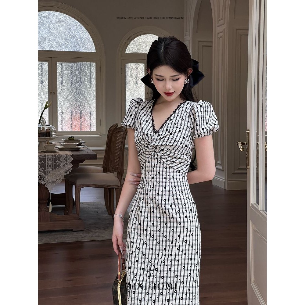 French Retro V Women's Printed Dress