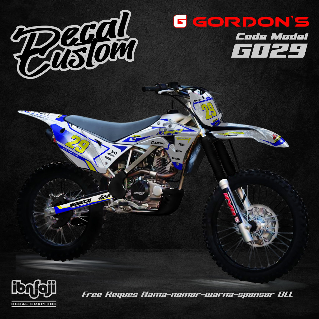 Decal Gordon Klx full body desain custom putih warna nomor nama sponsor G029