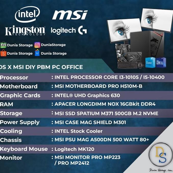 Dustor PC Rakitan Office Powered by MSI (PBM) - Intel Core i3 / i5 / i7 Gen 10 - 16GB DDR4 - 500GB N
