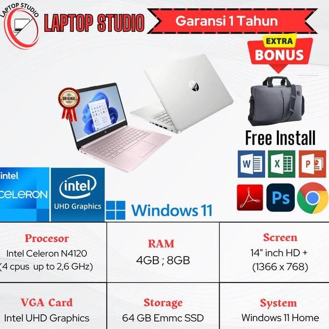 Laptop Baru HP 14 Intel N4120u (4 Cpus, 2,6Ghz ) SSD