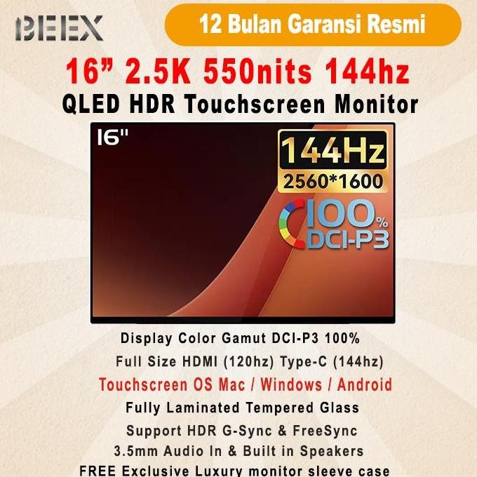 Portable Monitor BeeX Touchscreen QLED 16" 2.5K 144Hz Ultra-Thin Portable Monitor Type C HDMI