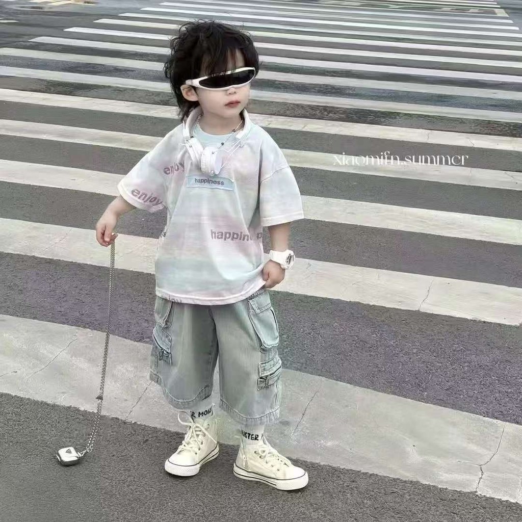 Sky Bubbles Setelan Anak-Anak Korea Tie-Dye Huruf T-Shirt Celana Pendek Trendi Mode