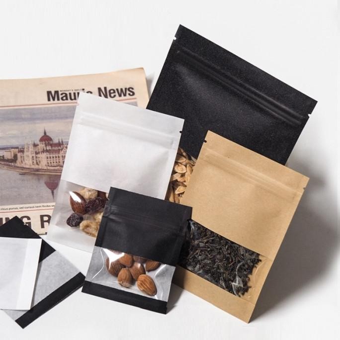 

Thick Craft Zip Lock Flat Pouches Food Coffee Cookies Tea Gift Black White Brown Kraft Paper Package Bags With Clear Window Kualitas Terbaik Harga Termurah