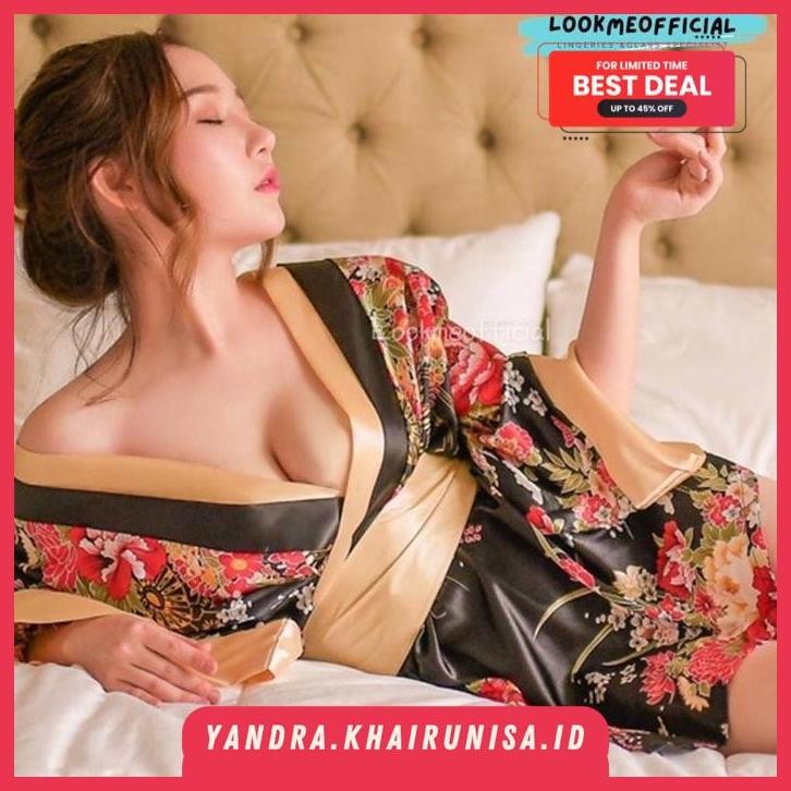 KEIKO SET KIMONO MOTIF BUNGA SAKURA SATIN SILK WOMEN BATHROBE JAPANESE STYLE COSTUME YUKATA SATEN JE