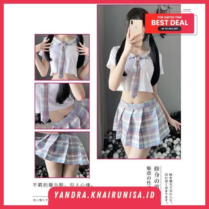 LUNA SET LINGERIE MURID SEKSI DASI + ROK MOTIF KOTAK-KOTAK LINJERI PELAYAN WANITA COSPLAY SEXY MAID 