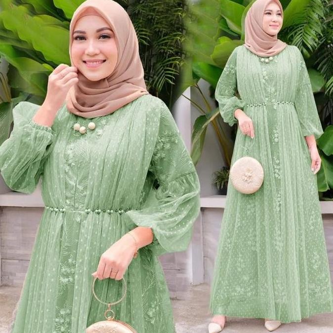 Gamis Salina Tile Mutiara Busui Dress dengan Tangan Wudhu Friendly dan Aksesoris Mutiara di Pinggang