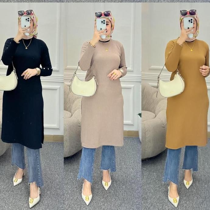 ARSHILA ATASAN WANITA LONG TUNIK KAOS KNIT RAJUT IMPORT POLOS INARA TERBARU Muslim Cantik Lembut Nya