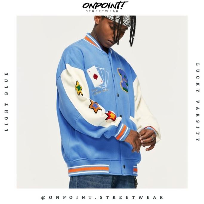 Grosir Lucky Varsity (Light Blue) - Jaket Pria Jaket Varsity Pria Varsity Jacket Varisty Baseball Ja