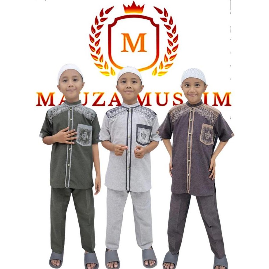 MAUZA MUSLIM Baju Setelan Celana koko Anak Laki Laki Lengan Pendek Bahan Katun Cordova Motif Bordir 